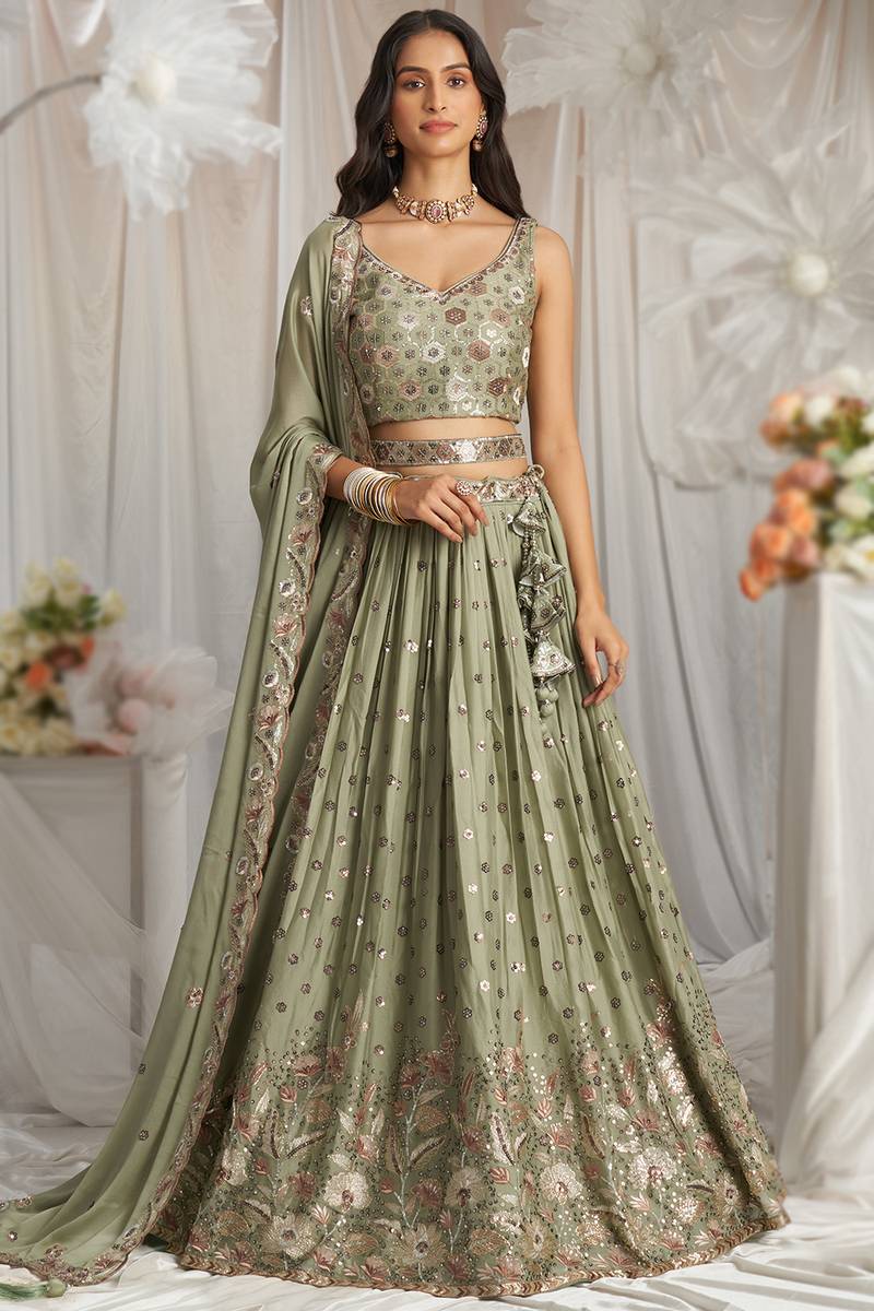 lehenga dress green Andaaz Fashion Women's Sage Embroidered Georgette Flared Style sea green lehenga