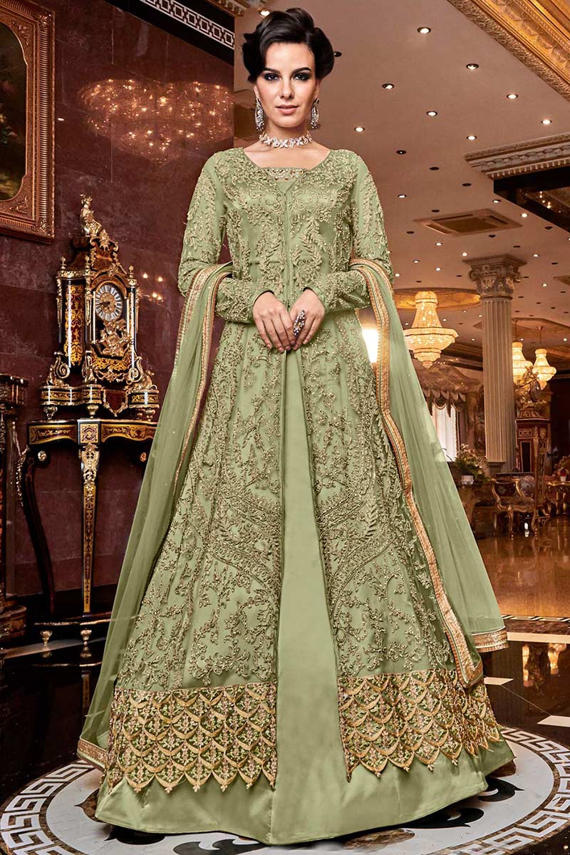 Eid Special Sage Green Net Anarkali Suit With Zari Work