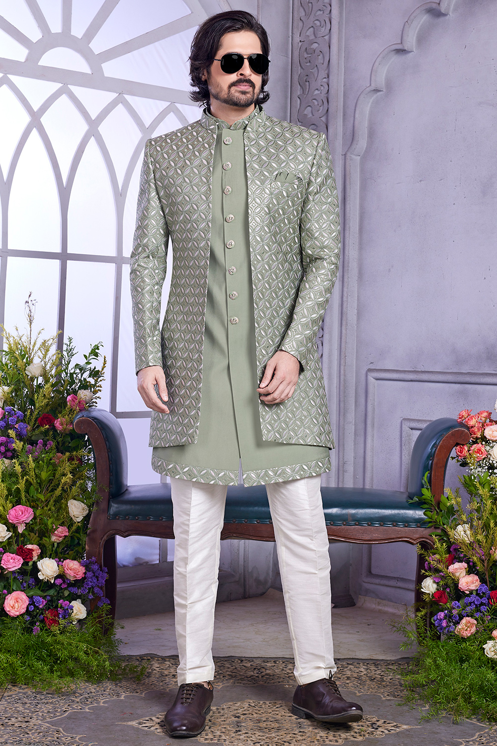 Andaaz Fashion Men's Sage Green Silk Blend Sherwani with Embroidered for Wedding Andaaz Fashion Men's Sage Green Silk Blend Sherwani with Embroidered for Wedding