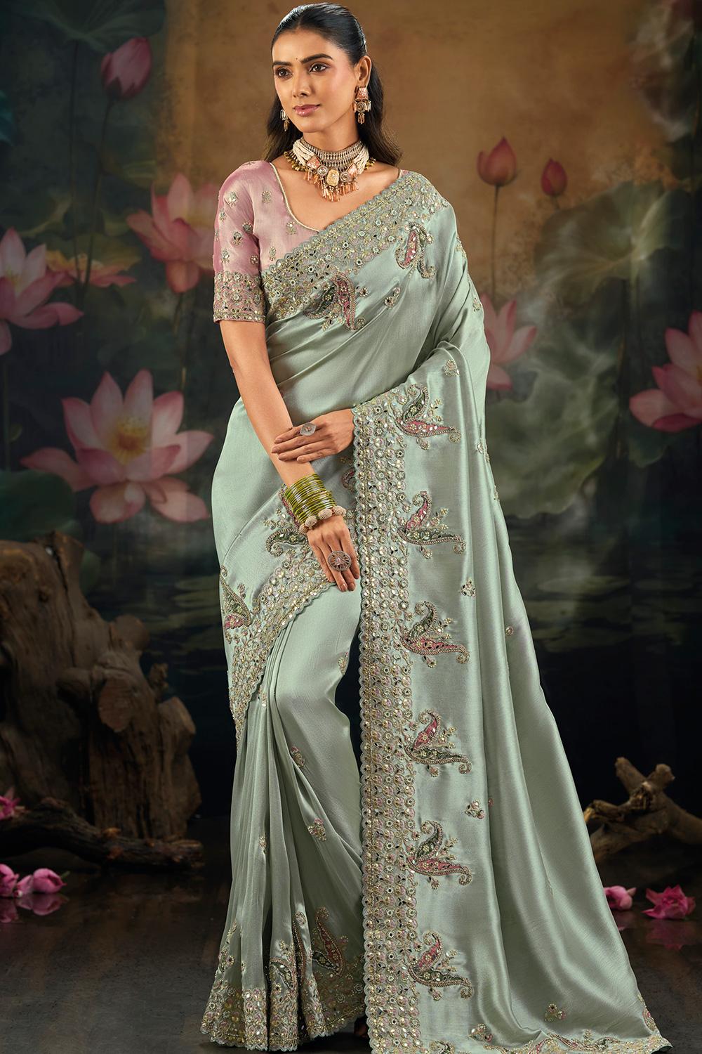 green saree matching groom dress Andaaz Fashion Women's Sage Soft Silk With Dori Work For Wedding couple dress green saree matching shirt