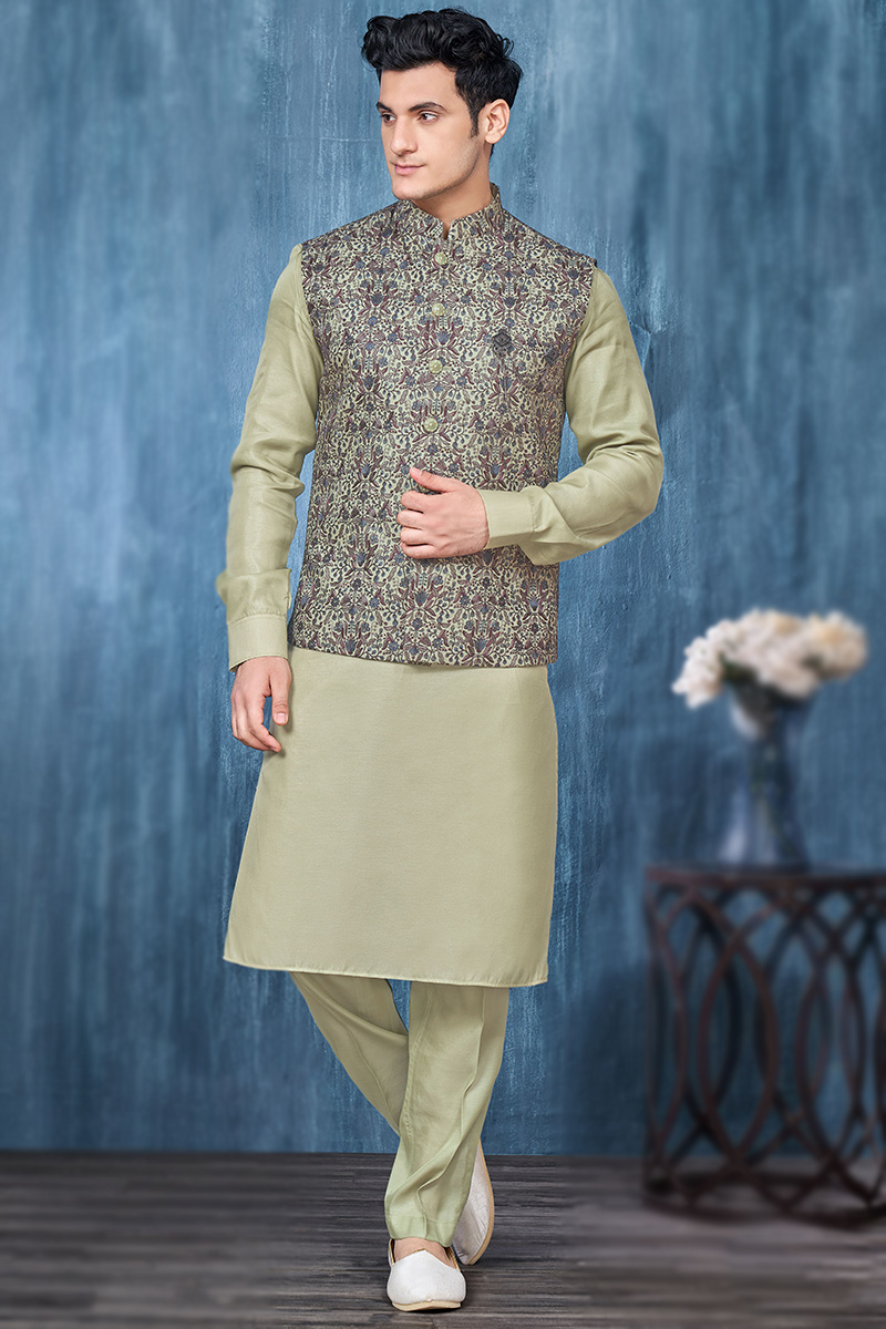 Sage Green Silk Men's Kurta Pajama With Embroidered Waist Coat
