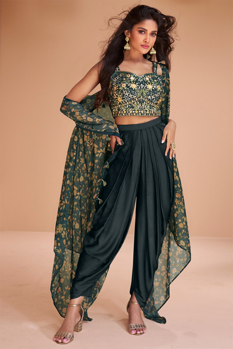 Salamander Green Art Silk Indo Western Dhoti Pants with Top