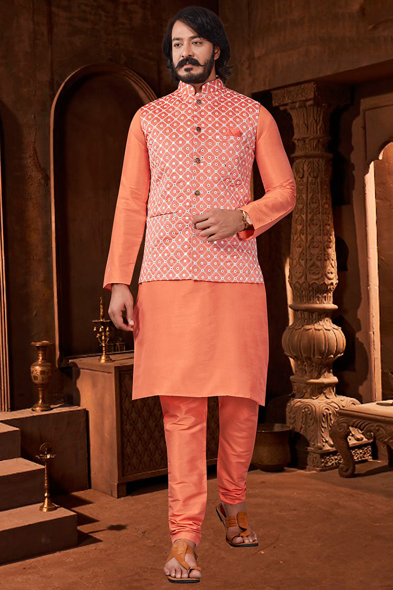 Dupion Silk Men Kurta Pajama in Navy Blue for Wedding