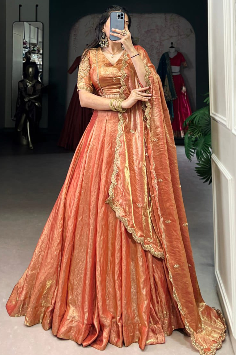 Salmon Orange Tissue Lehenga With Sequins Work For Festival - LLCV122319