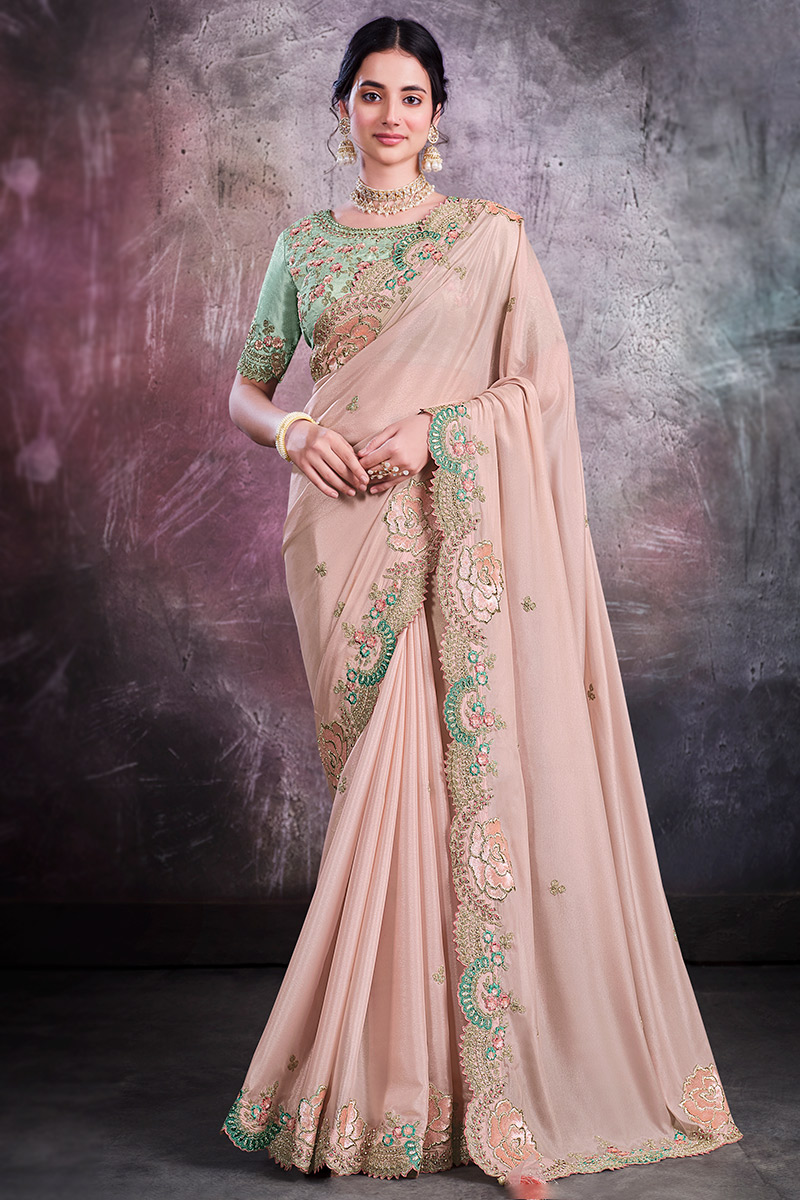 Georgette Salmon Peach Party Wear Saree with Zari embroidery