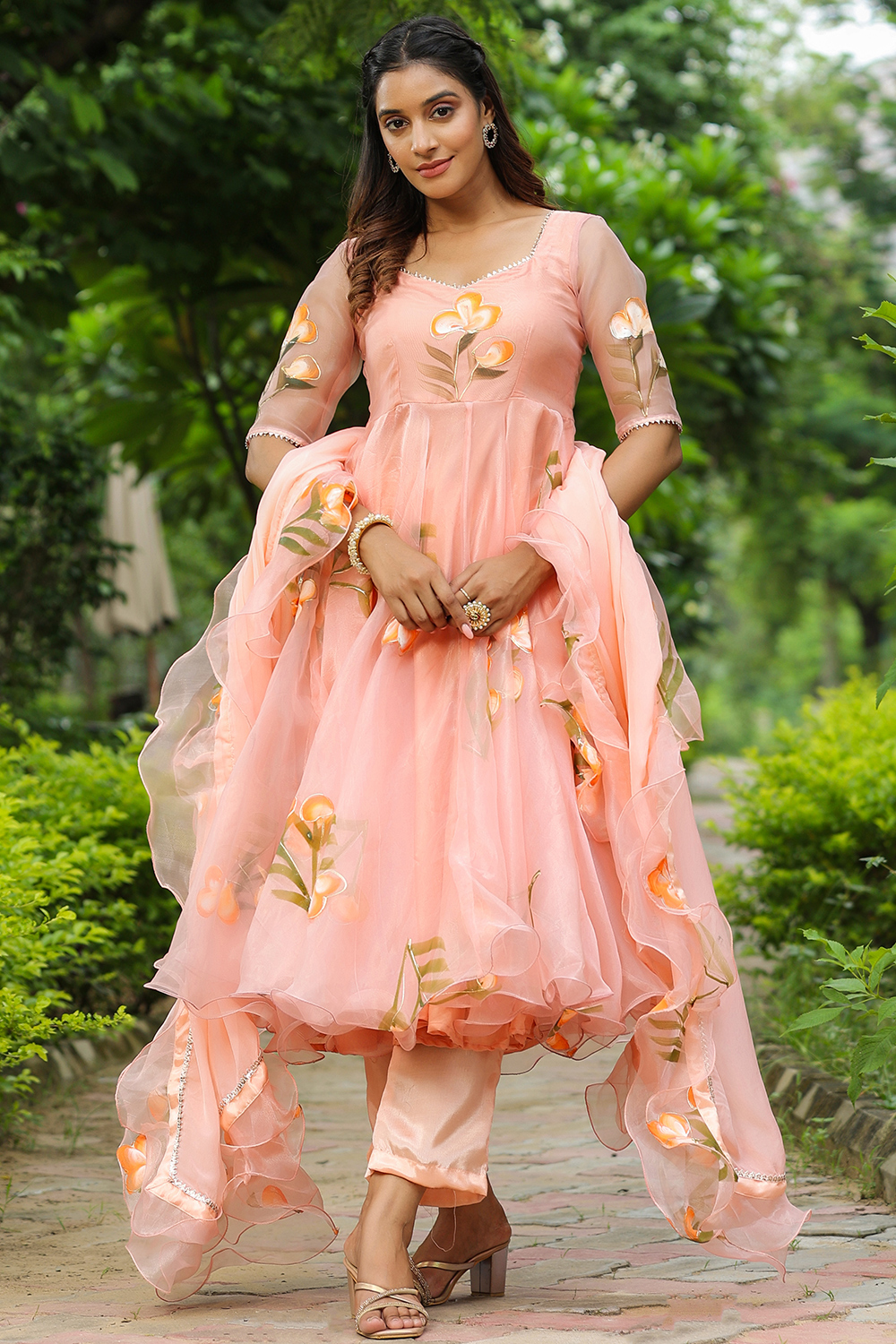 Salmon Peach Organza Printed Anarkali Style Trouser Suit LSTV135965