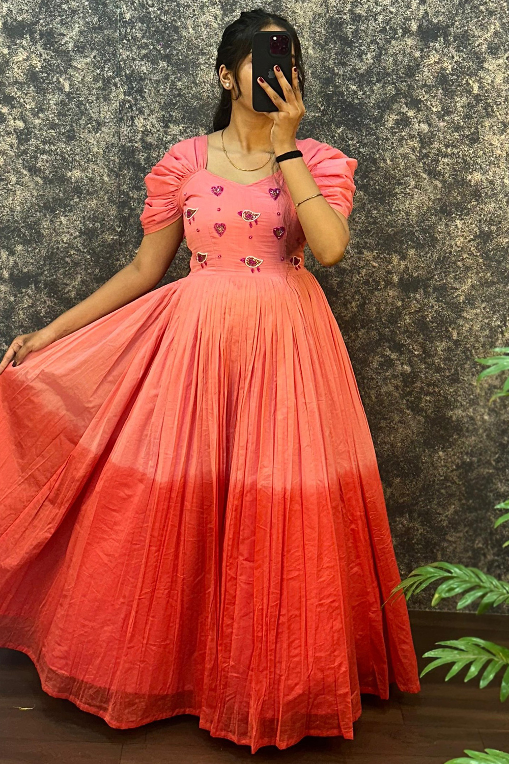 Andaaz Fashion Women's Salmon Pink Cotton Pearl Anarkali Gown