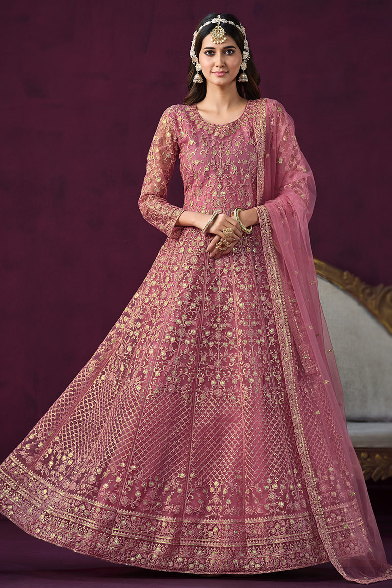 slim fit dress slacks Shop Peach Festival Net Party wear Anarkali Salwar Suit main image 1