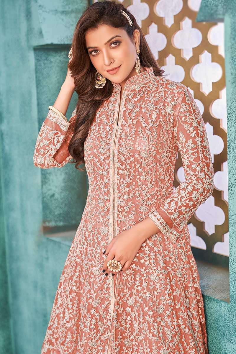 Women Onion Pink Net Embroidered Anarkali Suit