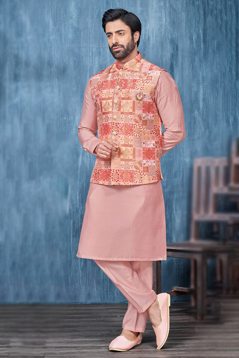 Salmon Pink Silk Pathani Jacket Style Men's Kurta Pajama
