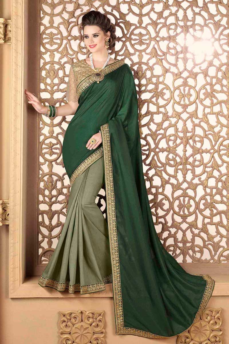 Grey with Green Satin and Silk Saree With Silk Blouse