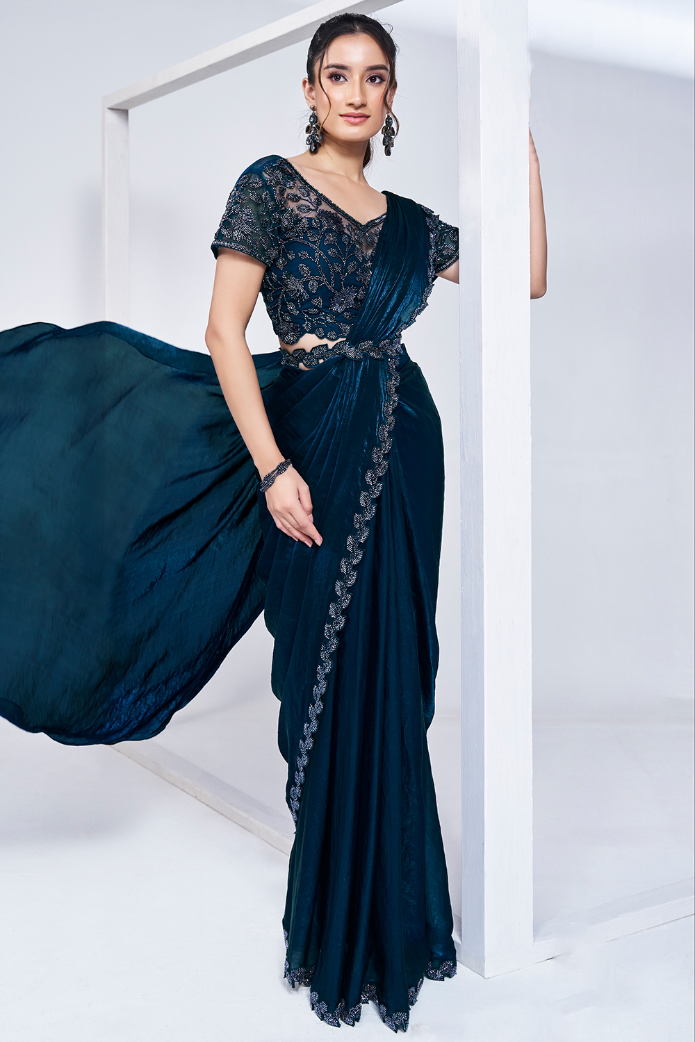Readymade Saree Saree Pattern Evening Gown Satin Sea Blue Lace