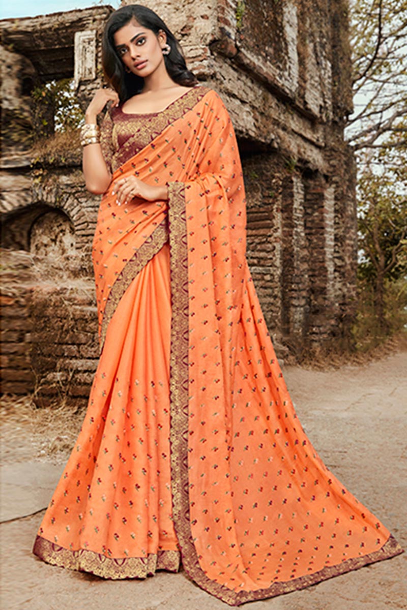 Orange colour party wear saree shop
