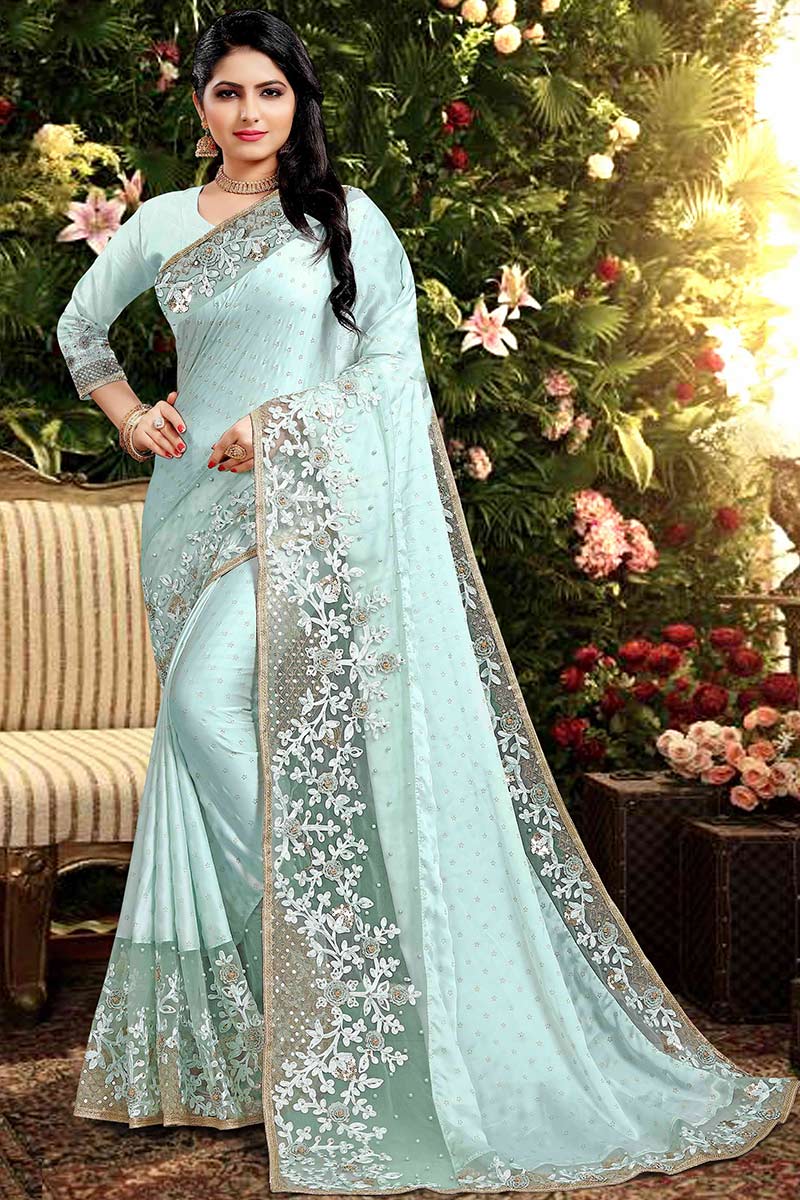 Buy Satin Silk Party Wear Saree In Pale Blue Colour Online SARV03551 Andaaz Fashion