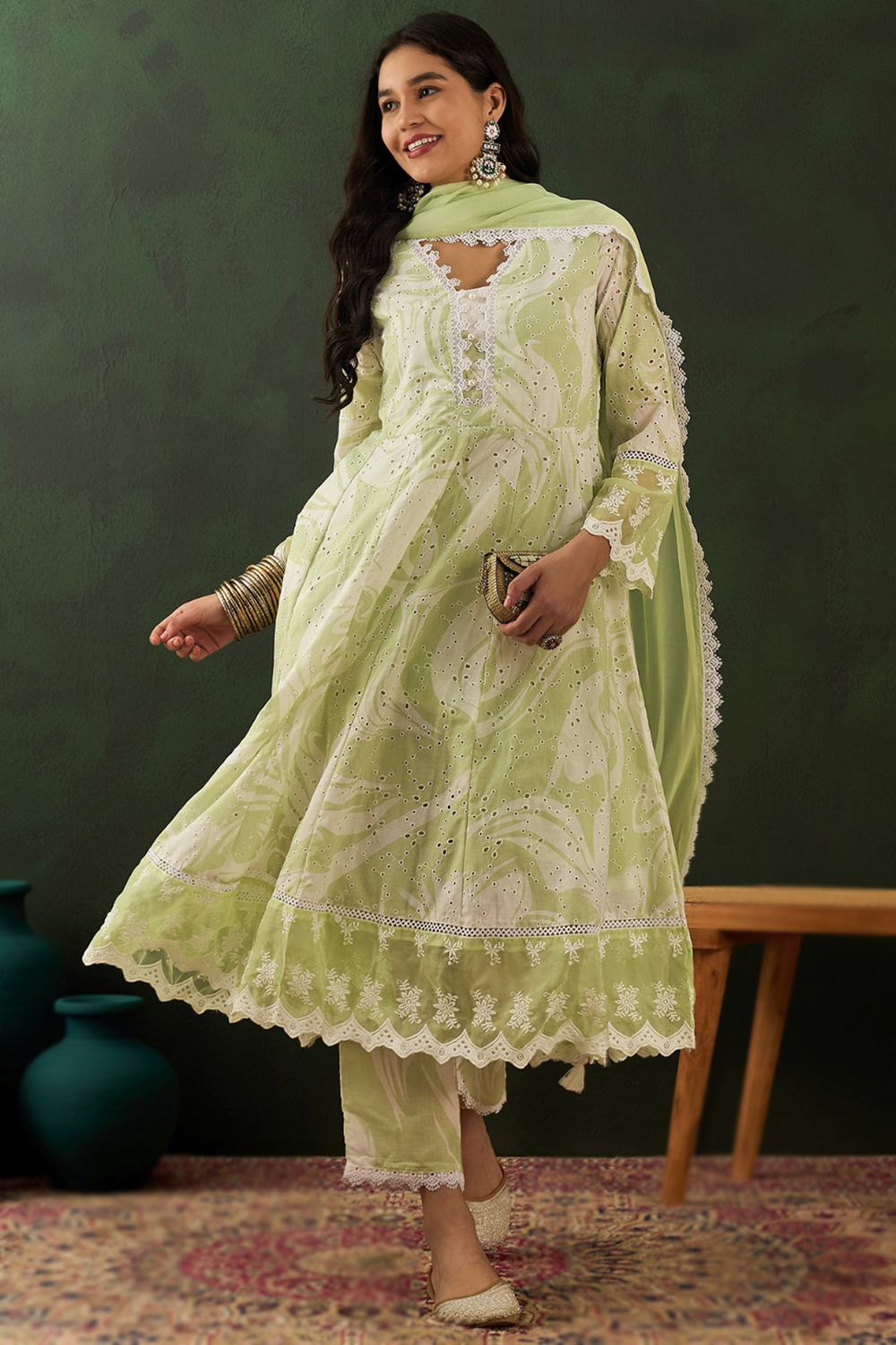 Schiffli Pistachio Green Printed Casual Wear Anarkali Suit LSTV131211 Schiffli Pistachio Green Printed Casual Wear Anarkali Suit LSTV131211