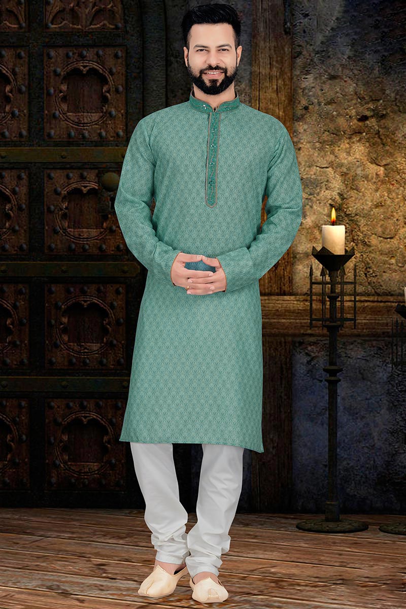 Designer Fashions Dusty Jade Green Men's Kurta Pajama with Digital