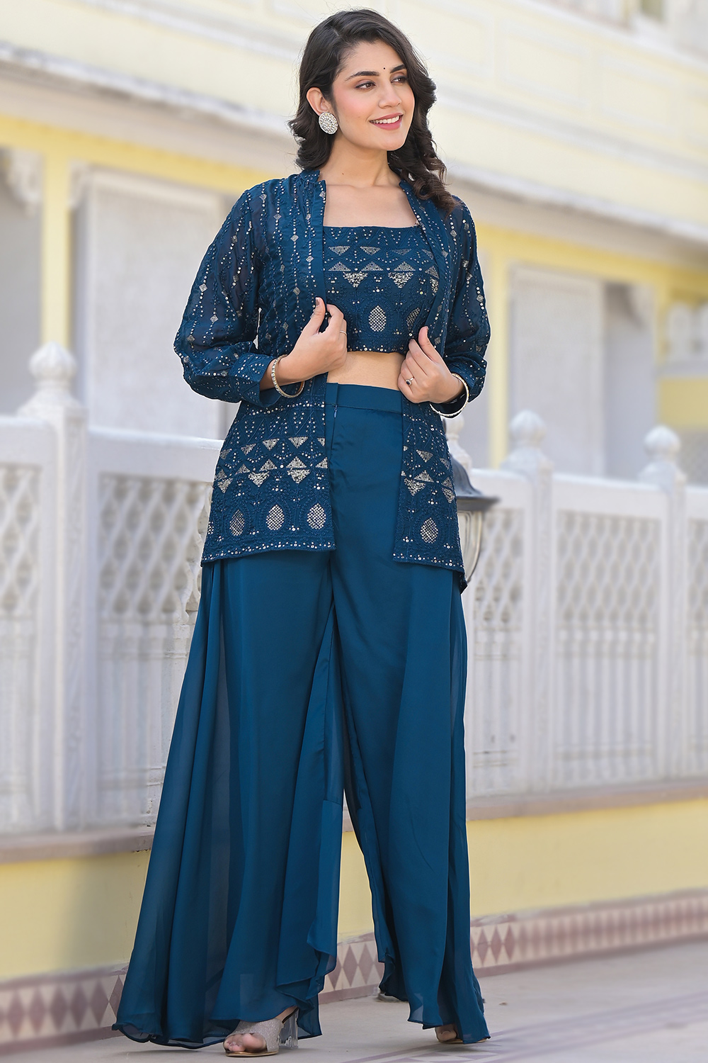 Sea Blue Embroidered Georgette Jacket Style Top With Palazzo Pant
