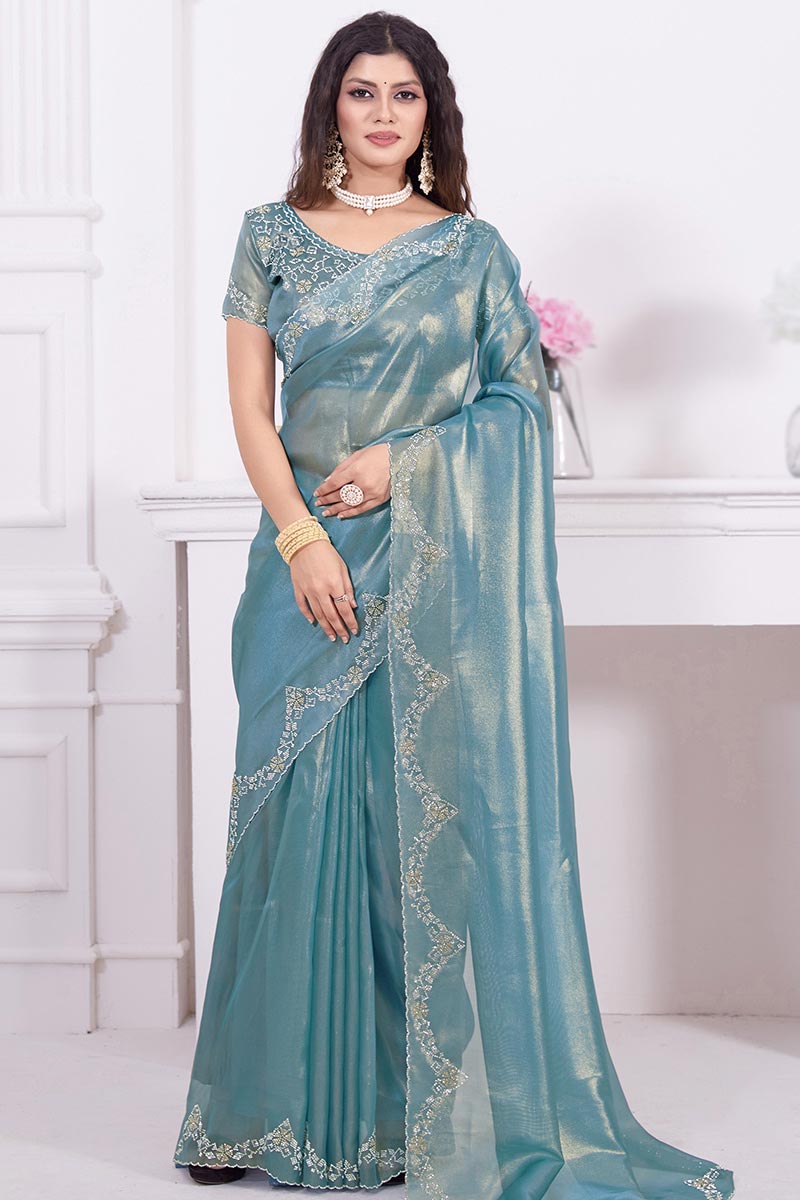 Sea Blue Stone Embellished Shiny Organza Saree SARV175067