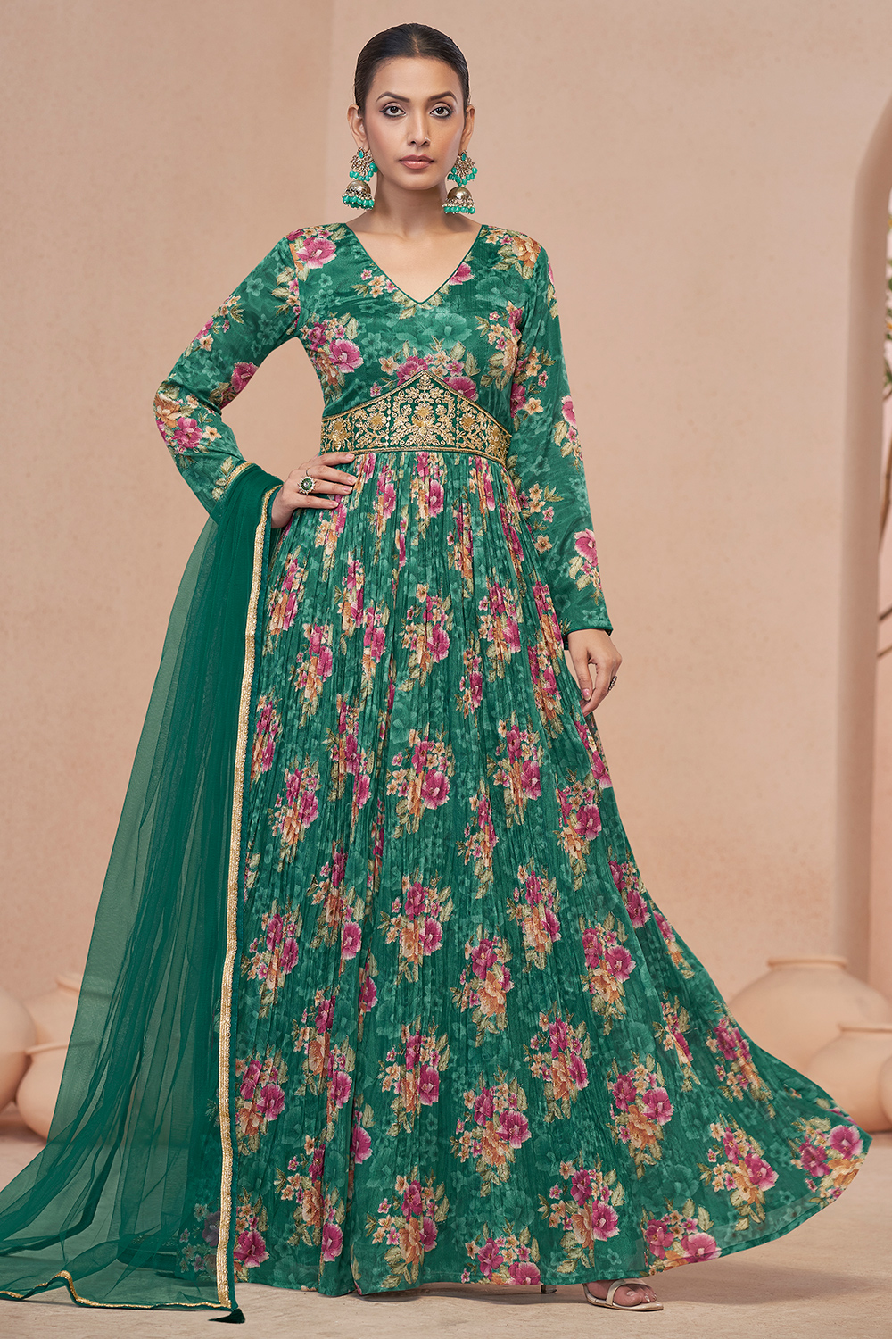 Andaaz Fashion Women's Sea Green Chinnon Anarkali Suit With Printed Work For Mehndi Andaaz Fashion Women's Sea Green Chinnon Anarkali Suit With Printed Work For Mehndi