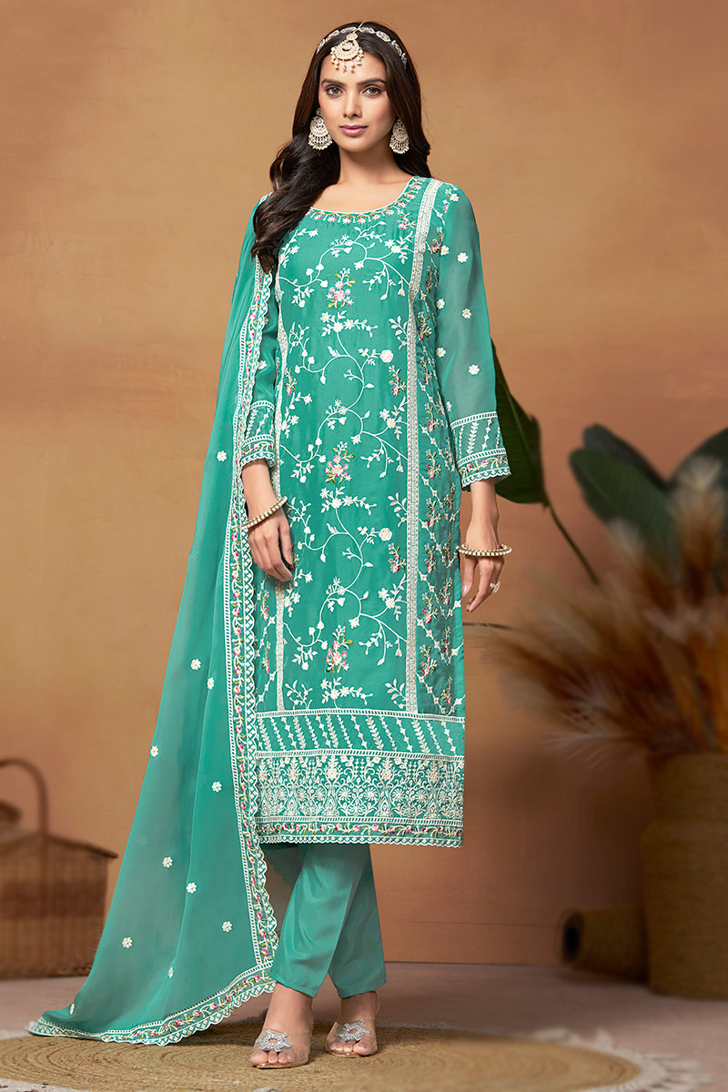 Sea Green Embroidered Organza Straight Cut Trouser Suit LSTV129599