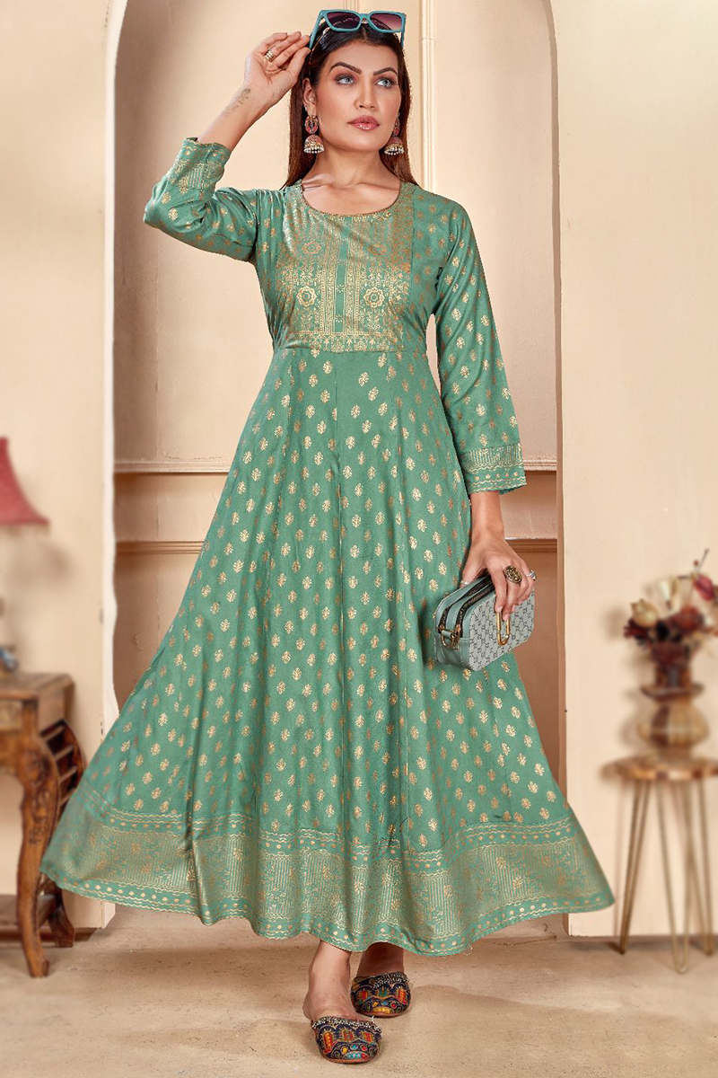 Seafoam Green Casual Wear Rayon Foil Print Gown LSTV131685 Seafoam Green Casual Wear Rayon Foil Print Gown LSTV131685