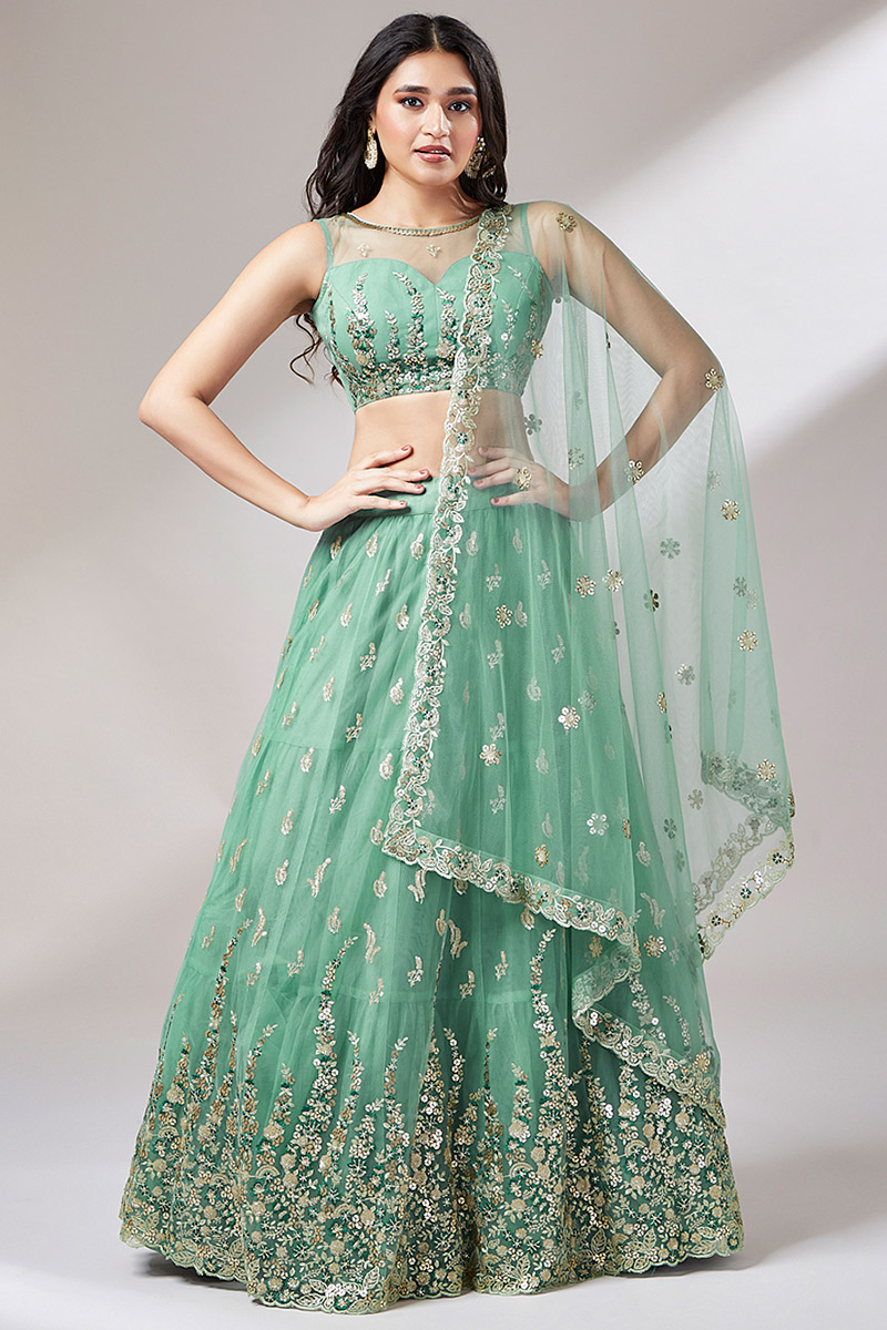 Seafoam Green Net Embroidered Bridesmaid Wear Lehenga Choli LLCV116258