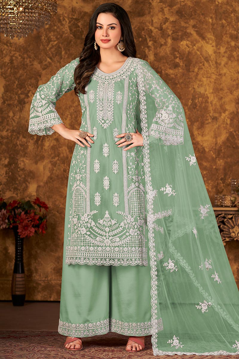 Andaaz Fashion Women's Party Wear Dori Embroidered Seafoam Green Trouser Suit in Net