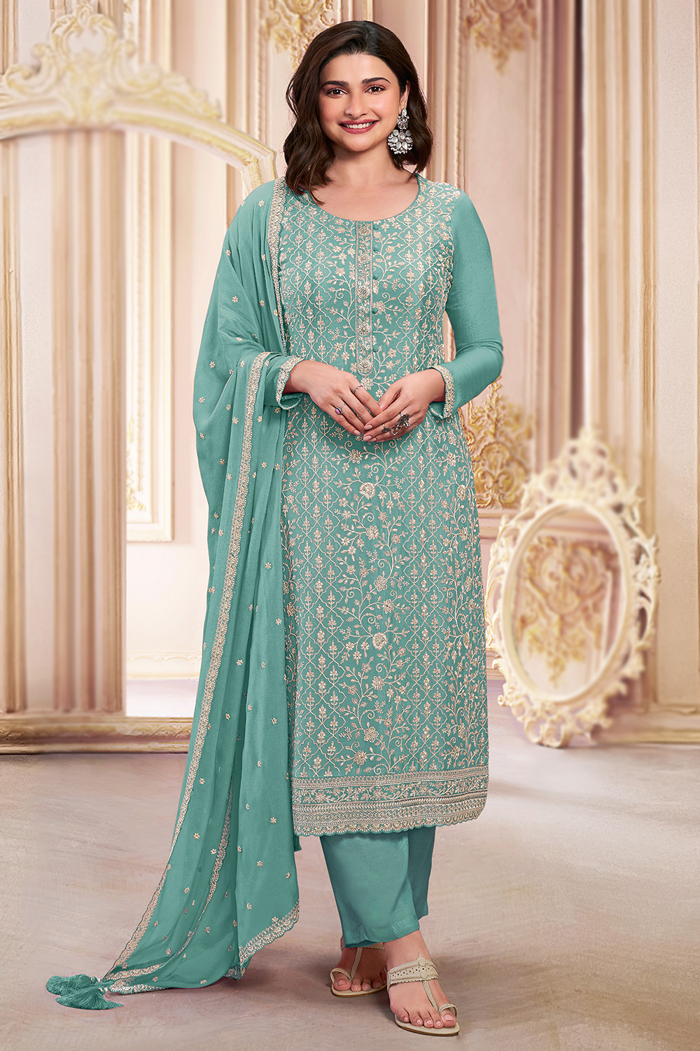 Handmade work sea green colour 2024 soft santoon with cream bottom and seagreen designer dupptta partywear suit