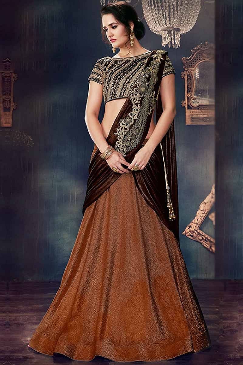 Buy Brown Jacquard Lehenga Saree With Silk Blouse Online - LLCV00530C |  Andaaz Fashion