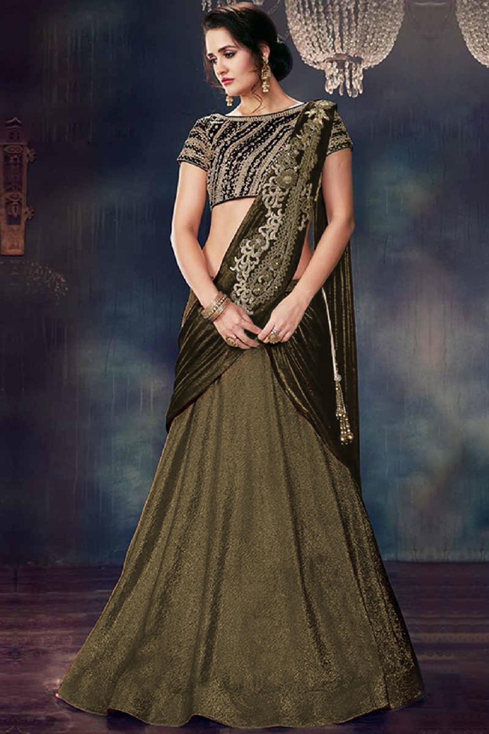 Buy Brown Jacquard Lehenga Saree With Silk Blouse Online