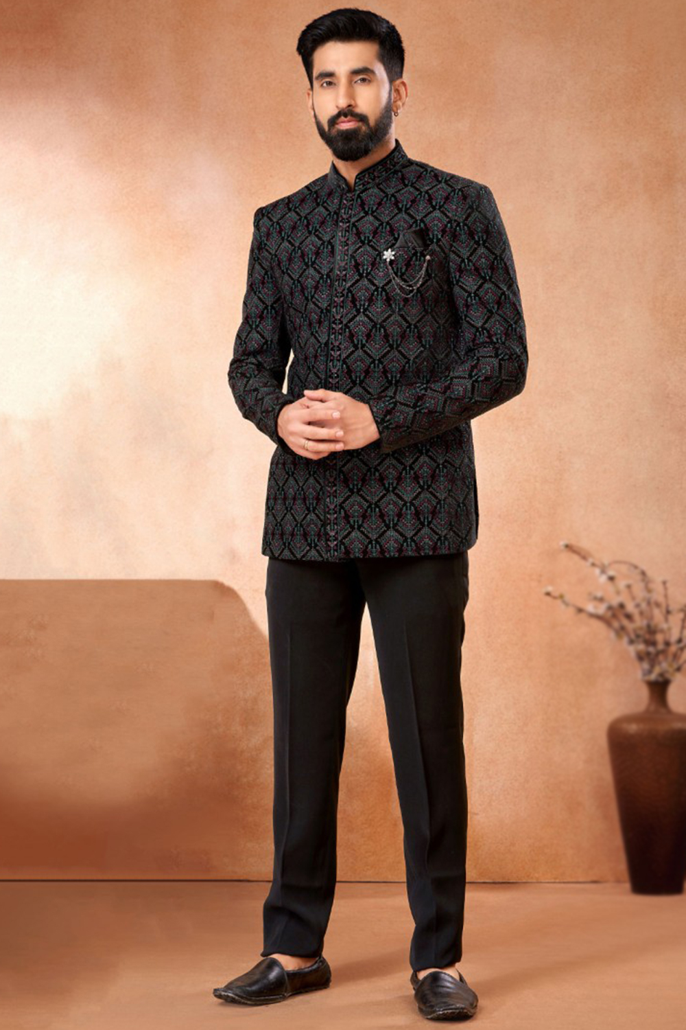 Andaaz Fashion Men's Sequins Embroidered Black Jodhpuri Velvet Suit
