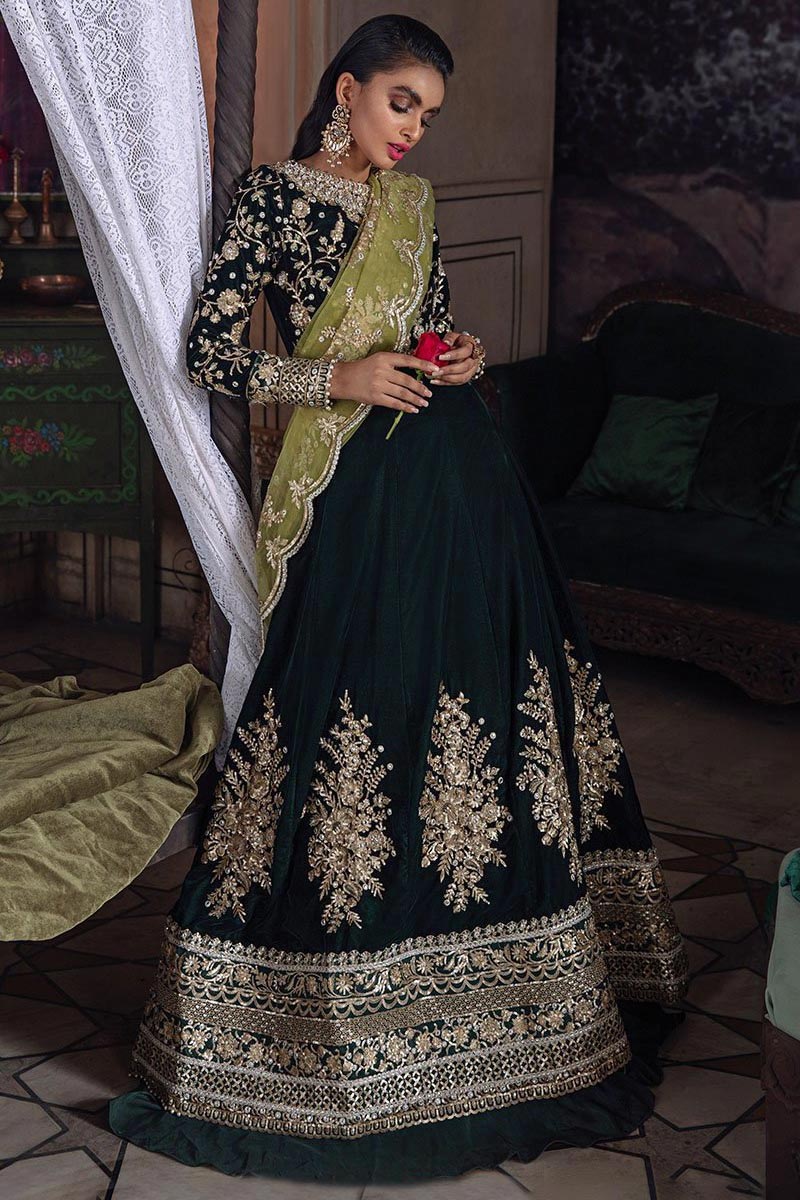 Buy Olive Green Lehenga In Sequins Fabric And Cut Dana Embellished Crop Top  With Attached Net Cape Online - Kalki Fashion