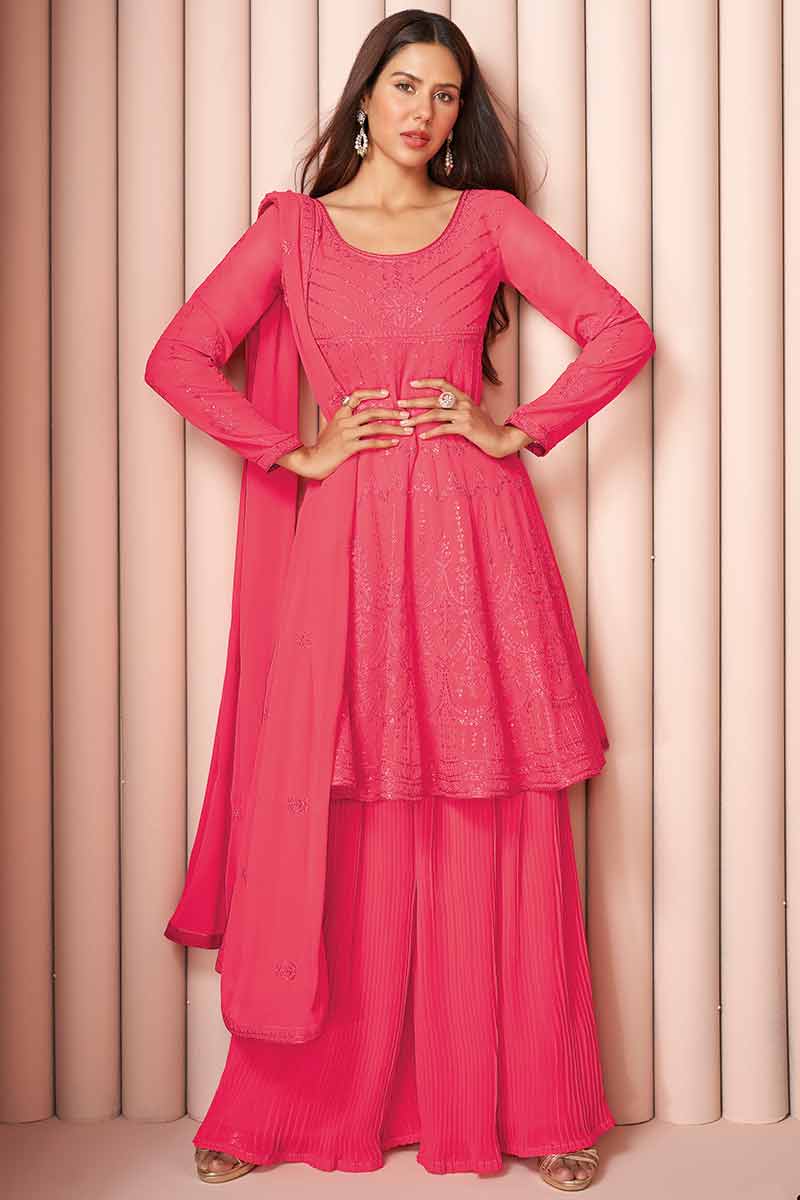 Buy Diwali Dress Georgette Cerise Pink Wedding Sharara Suit LSTV113773