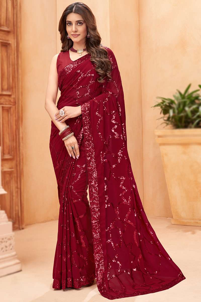 Saree for Party Wear in Georgette Cherry Red with Sequins Work