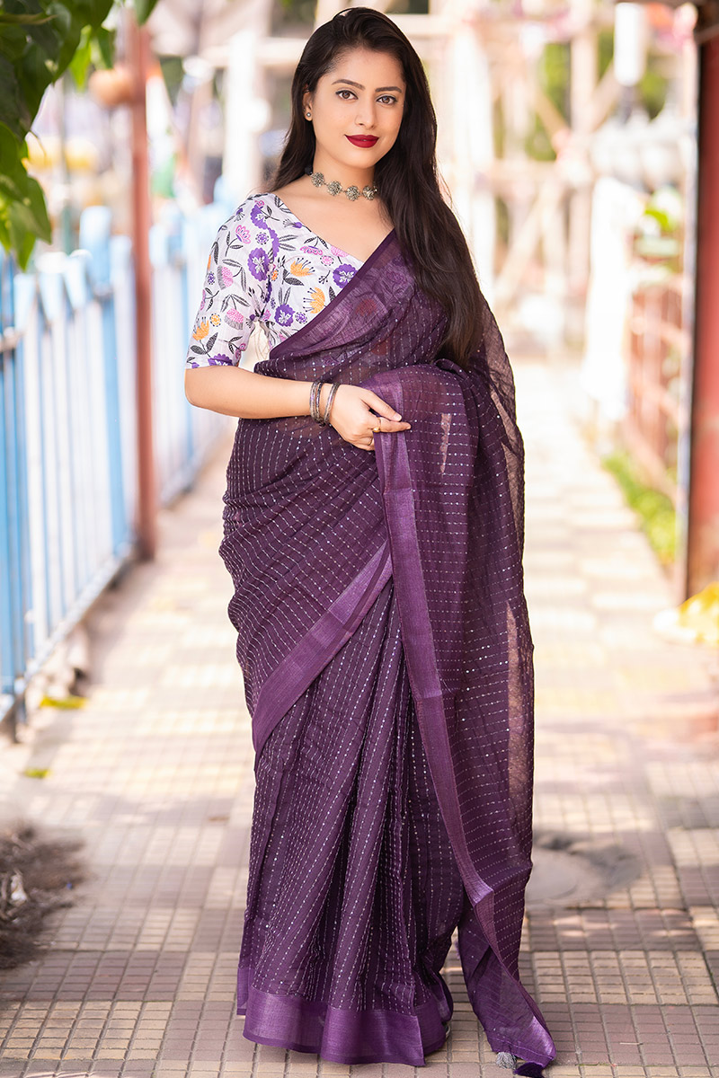 Sequins Embroidered Linen Dark Purple Casual Wear Saree