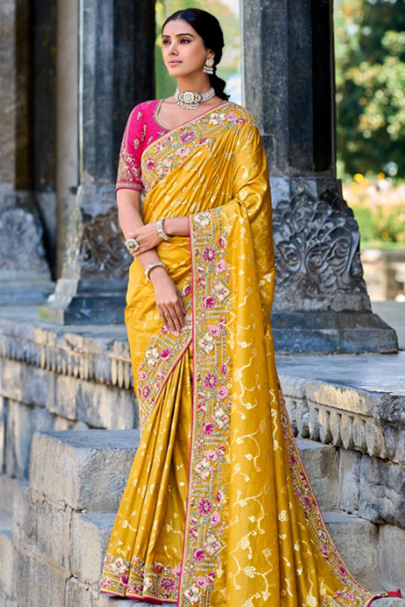 Sequins Embroidered Mustard Yellow Heavy Silk Saree