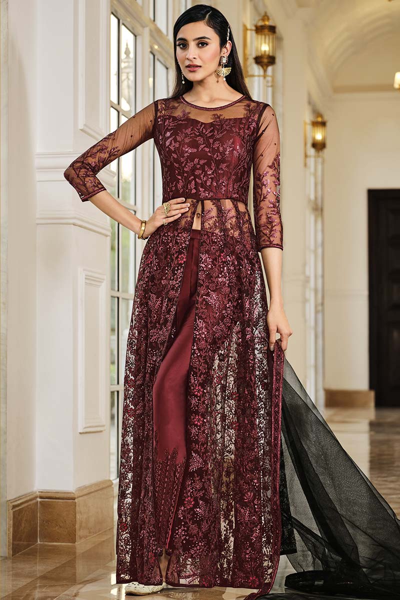 Fashion Anarkali Suit in Dark Maroon Embroidered Fabric LSTV116564