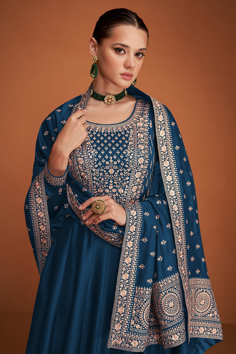 Sequins Embroidered Peacock Blue Silk A Line Anarkali Suit LSTV126059