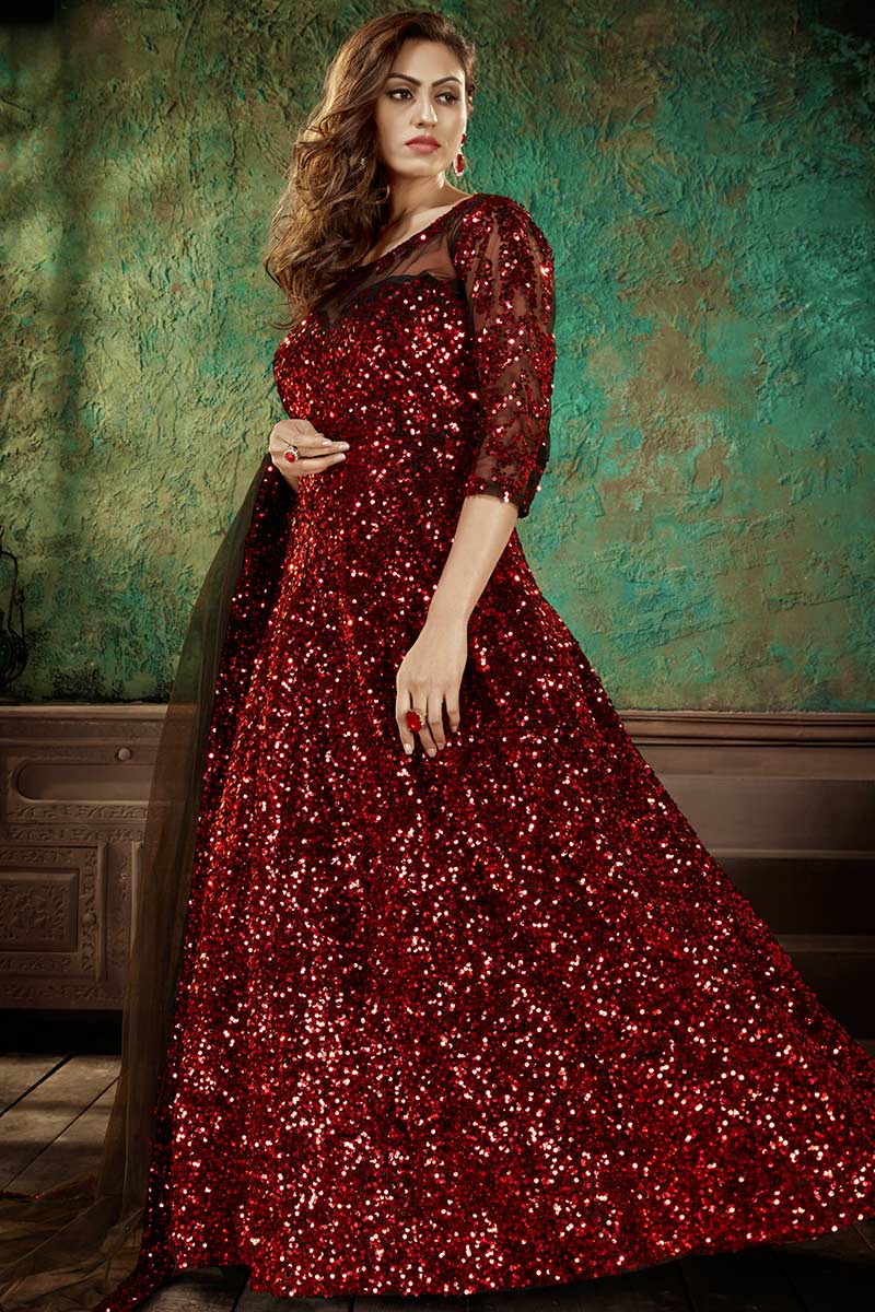 Sequins Embroidered Red Net Fancy Anarkali Suit