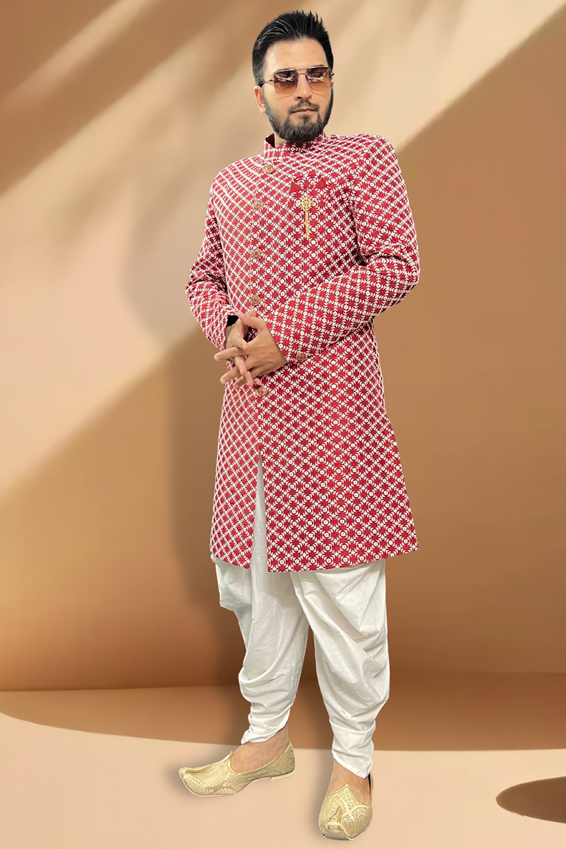 Sequins Embroidered Silk Cherry Red Side Slit Men's Sherwani MSTV03267