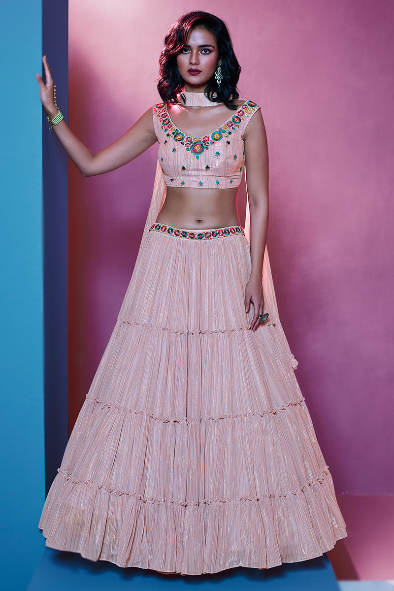 Shimmer Light Pink Lurex Weaved Layered Style Lehenga LLCV116064