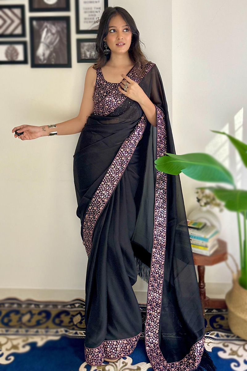 Silk Black Lace Embroidered Light Weight Saree