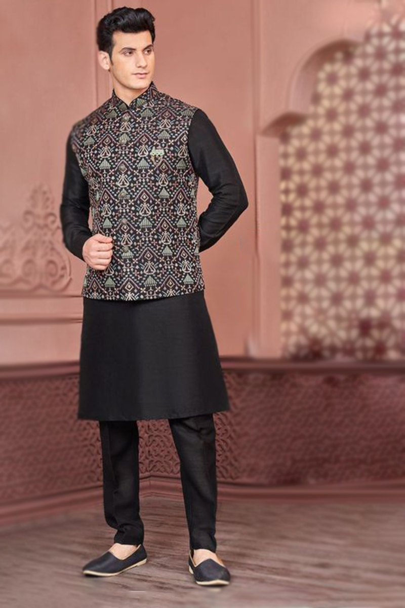 Silk Black Men's Kurta Pajama With Embroidered Waist Coat MKPA06405