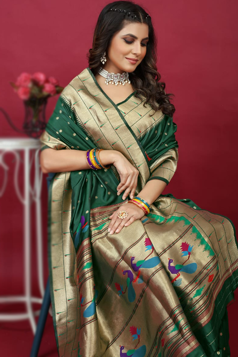 Silk Bottle Green Weaved Paithani Saree SARV181921