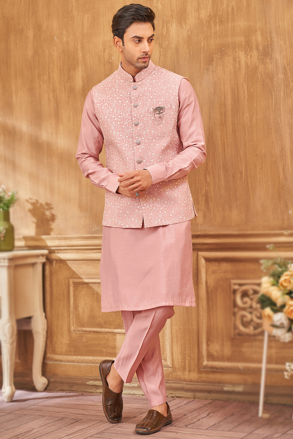 Silk Bubble Gum Pink Men's Kurta Pajama With Embroidered Jacket