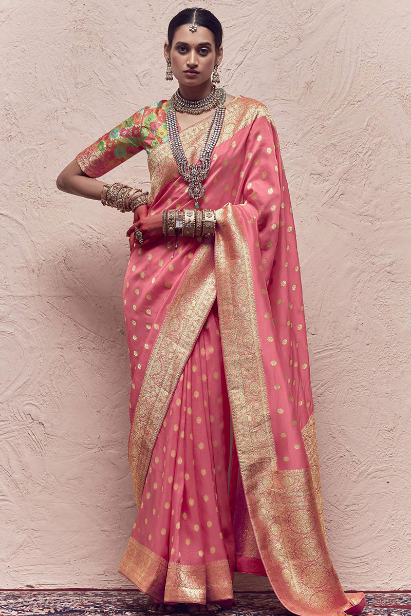サリー様 Silk Bubble Gum Pink Woven Zari Broad Border Saree SARV164469