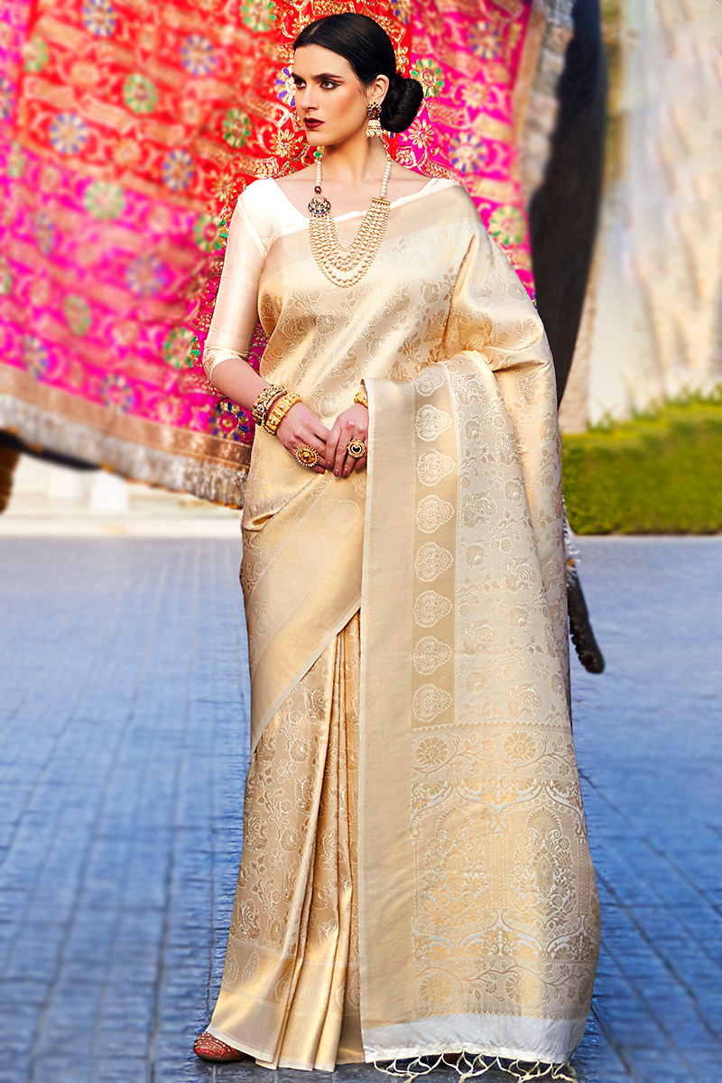 Kanchipuram Golden Silk Saree For Bride Silk Cream Beige Woven
