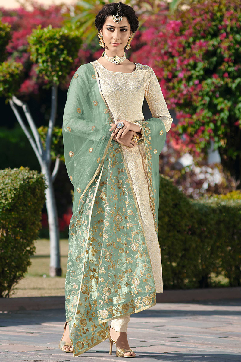 cigarette pants salwar kameez Silk Cream Beige Zari Embroidered Cigarette Pants Suit LSTV125915