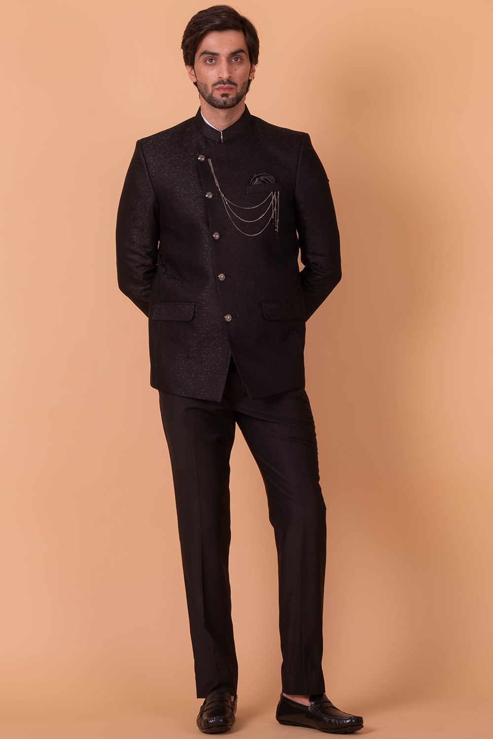 Silk Dark Brown Jodhpuri Style Weaved Thread Men's Coat Pant MSTV03963