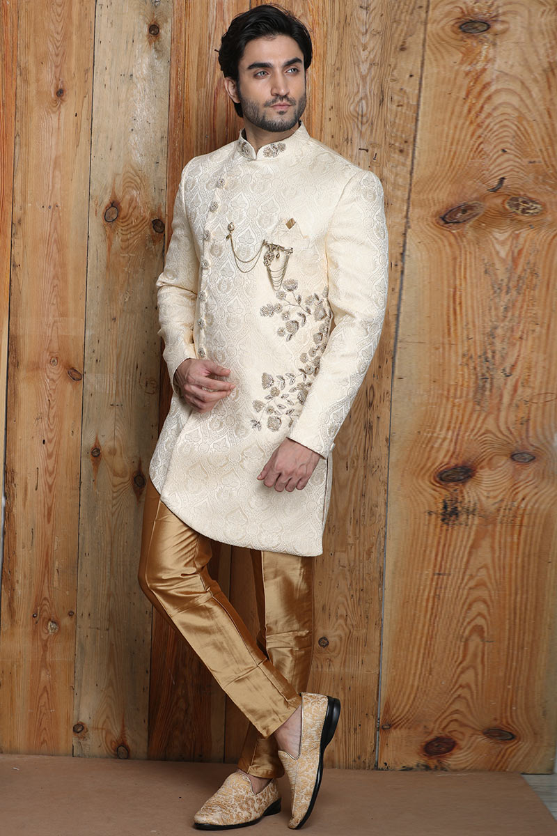 Silk Designer Sherwani In Off White Colour